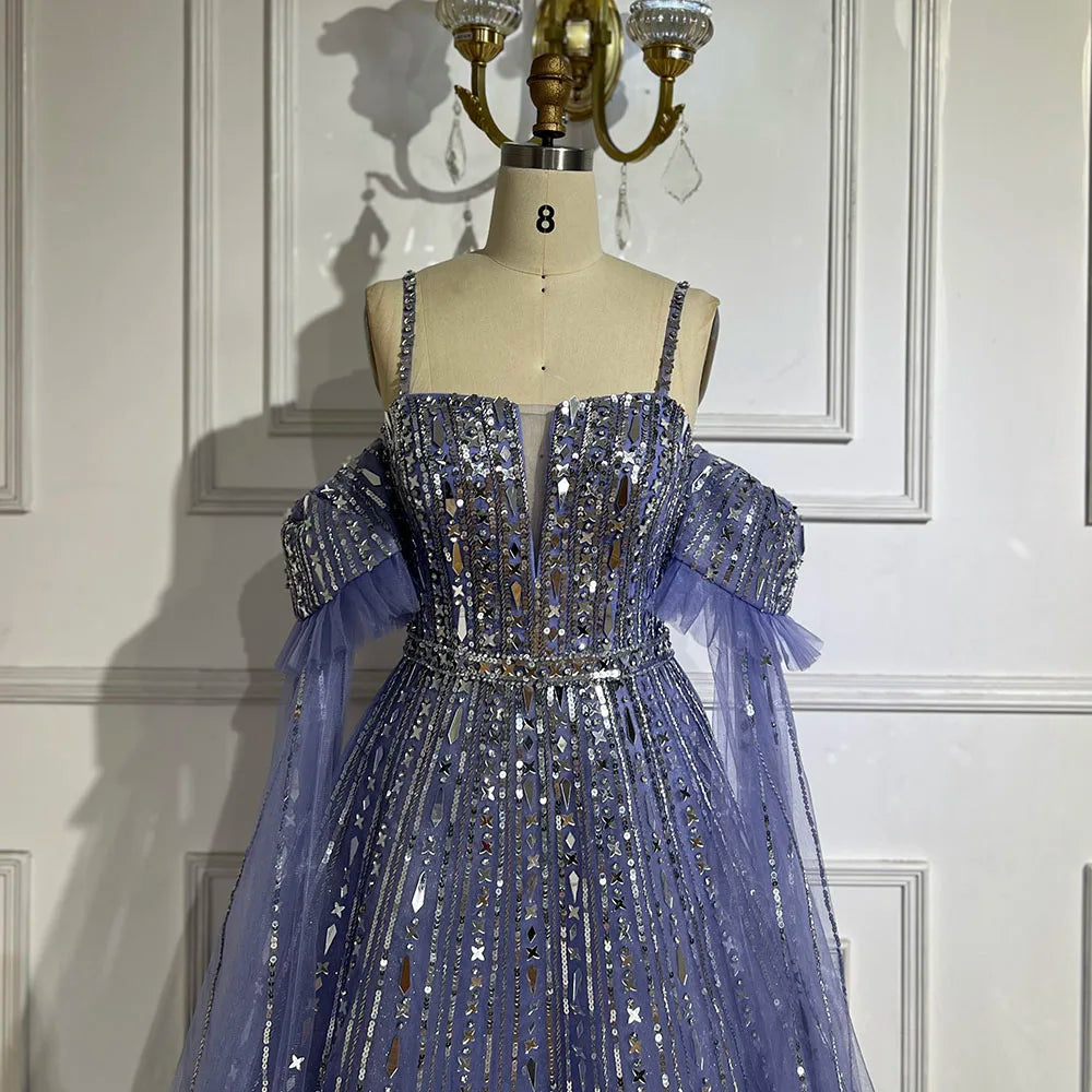 2025 Arabic Blue A-Line Elegant Beaded Luxury Evening Gowns for Women with Detachable Cape Sleeves Party LA72638