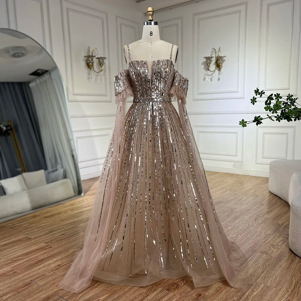 2025 Arabic Blue A-Line Elegant Beaded Luxury Evening Gowns for Women with Detachable Cape Sleeves Party LA72638