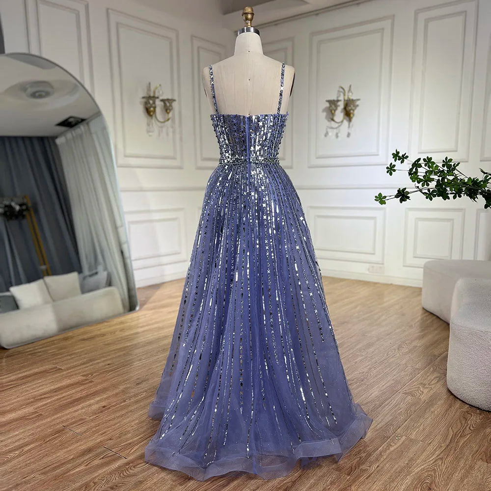 2025 Arabic Blue A-Line Elegant Beaded Luxury Evening Gowns for Women with Detachable Cape Sleeves Party LA72638