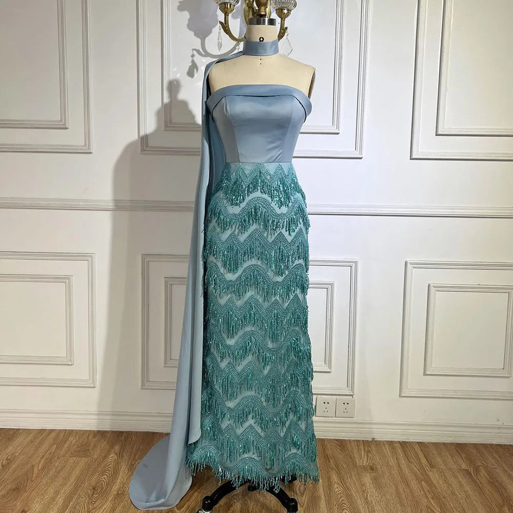 2025 Arabic Blue Ankle-Length Mermaid Long Cloak Beaded Luxury Evening Dresses Gowns for Women Wedding Party LA72435