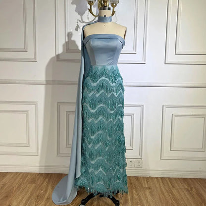 2025 Arabic Blue Ankle-Length Mermaid Long Cloak Beaded Luxury Evening Dresses Gowns for Women Wedding Party LA72435