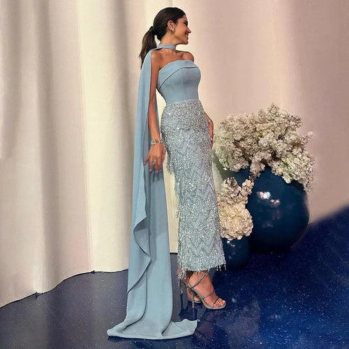 Vestido de noche de lujo con cuentas y capa larga estilo sirena, largo hasta los tobillos, estilo árabe azul, para mujer, para fiesta de boda, LA72435 
