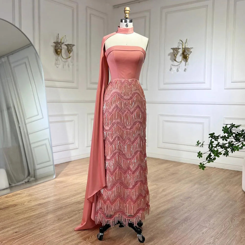 2025 Arabic Blue Ankle-Length Mermaid Long Cloak Beaded Luxury Evening Dresses Gowns for Women Wedding Party LA72435