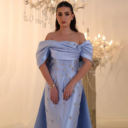 2025 Arabic Blue Beaded Crystal Ankle-Length Mermaid Satin Evening Dresses Gowns for Women Wedding Party LA72414A