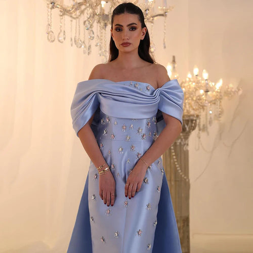 Vestido de noche de satén estilo sirena, largo hasta los tobillos, con cuentas de cristal azul árabe, para mujer, para fiesta de boda, LA72414A 