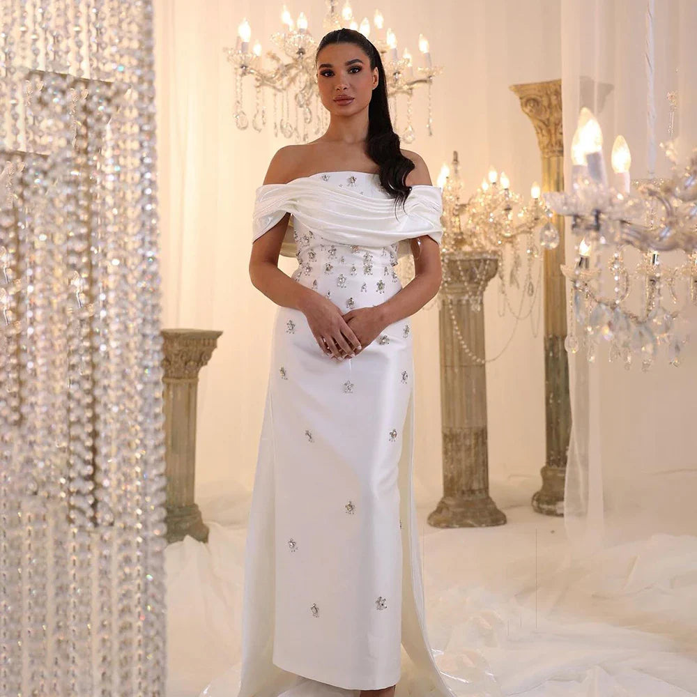 Vestido de noche de satén estilo sirena, largo hasta los tobillos, con cuentas de cristal azul árabe, para mujer, para fiesta de boda, LA72414A 