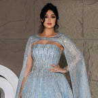 Vestidos de noche largos de estilo árabe, con mangas abullonadas en azul, corte A y cuentas, para mujer, para fiesta de bodas, LA72427 