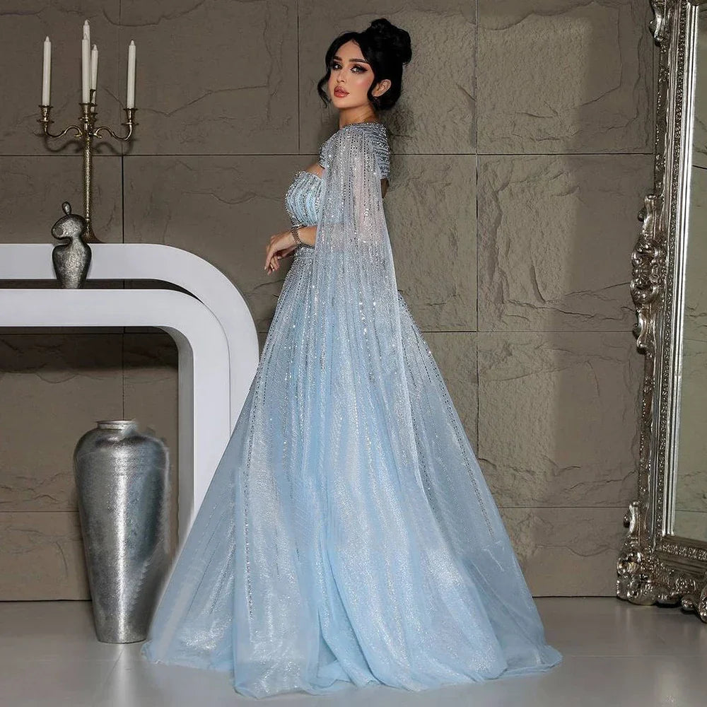 2025 Arabic Blue Cape Sleeves A-Line Beaded Evening Dresses Long Celebrity Gowns for Women Wedding Party LA72427