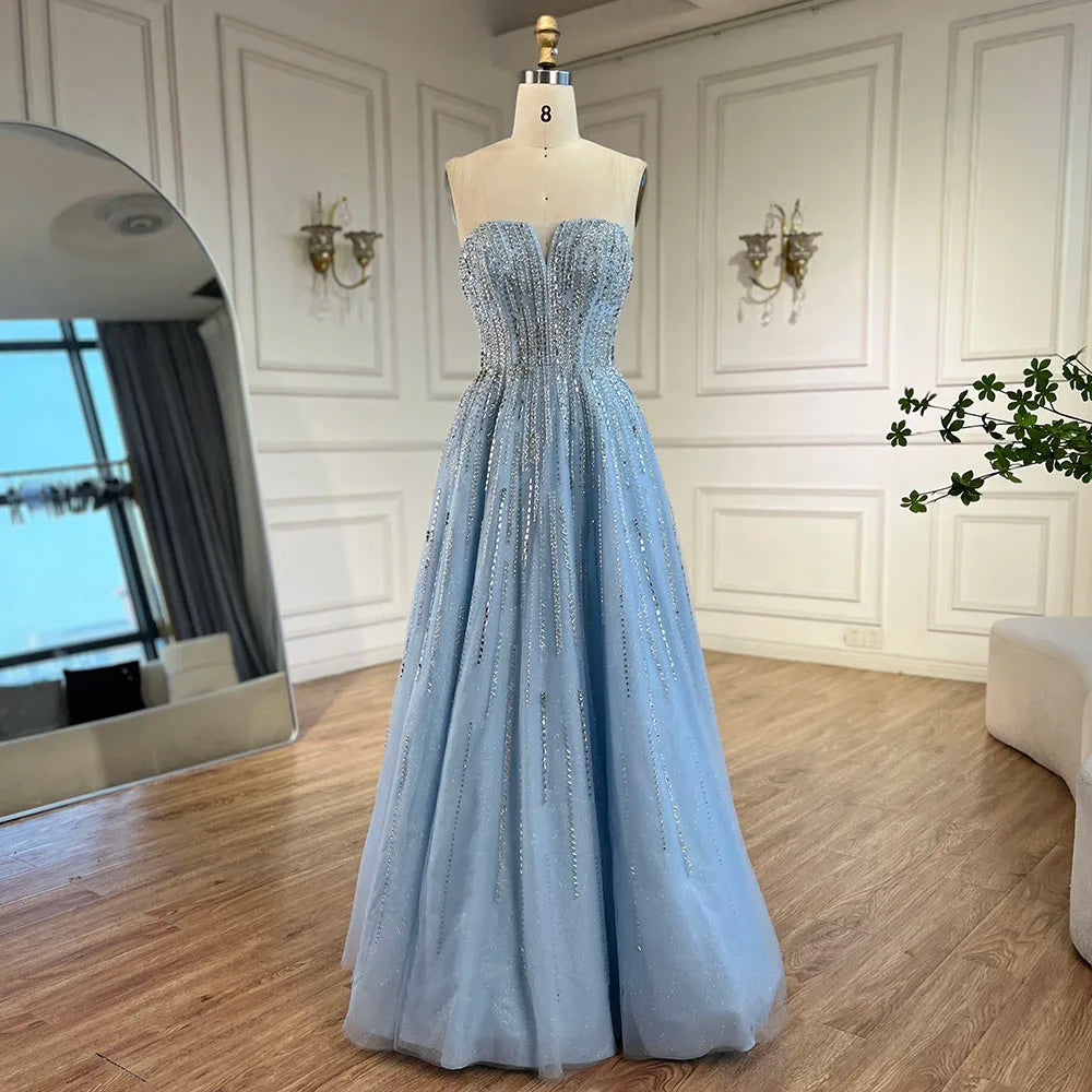 Vestidos de noche largos de estilo árabe, con mangas abullonadas en azul, corte A y cuentas, para mujer, para fiesta de bodas, LA72427 