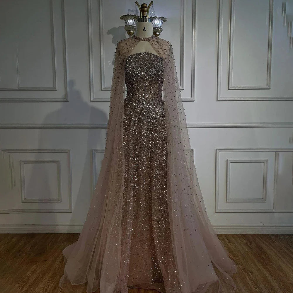 Vestido de noche azul árabe de lujo de Dubái, corte A, elegante, con mangas tipo capa y cuentas, para mujer, fiesta, LA72659, talla de felpa, 2025 