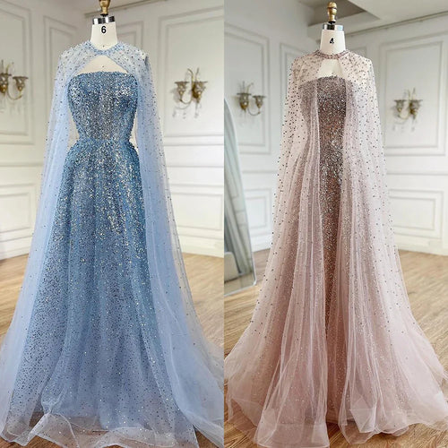 Vestido de noche azul árabe de lujo de Dubái, corte A, elegante, con mangas tipo capa y cuentas, para mujer, fiesta, LA72659, talla de felpa, 2025 