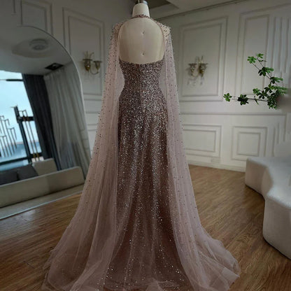 2025 Arabic Blue Luxury Dubai Evening Gown A-Line Elegant Cape Sleeves Beaded Dress for Women's Party LA72659 Plush Size