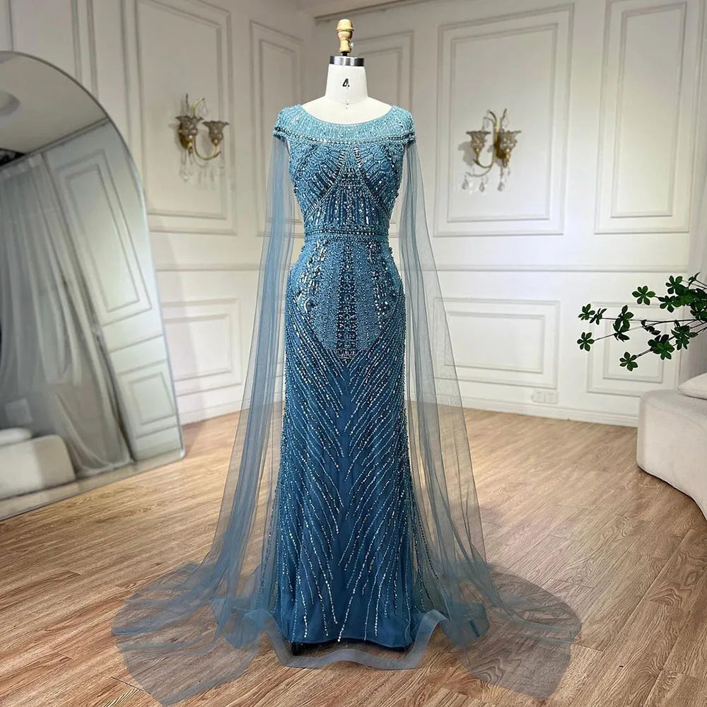 2025 Arabic Blue Mermaid Elegant Cape Sleeves Beaded Luxury Evening Dresses Gowns for Women Wedding Party LA72423
