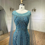 2025 Arabic Blue Mermaid Elegant Cape Sleeves Beaded Luxury Evening Dresses Gowns for Women Wedding Party LA72423