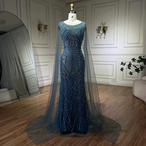 Vestido de noche elegante de sirena azul árabe, con mangas tipo capa y cuentas, de lujo, para mujer, para fiesta de boda, LA72423 