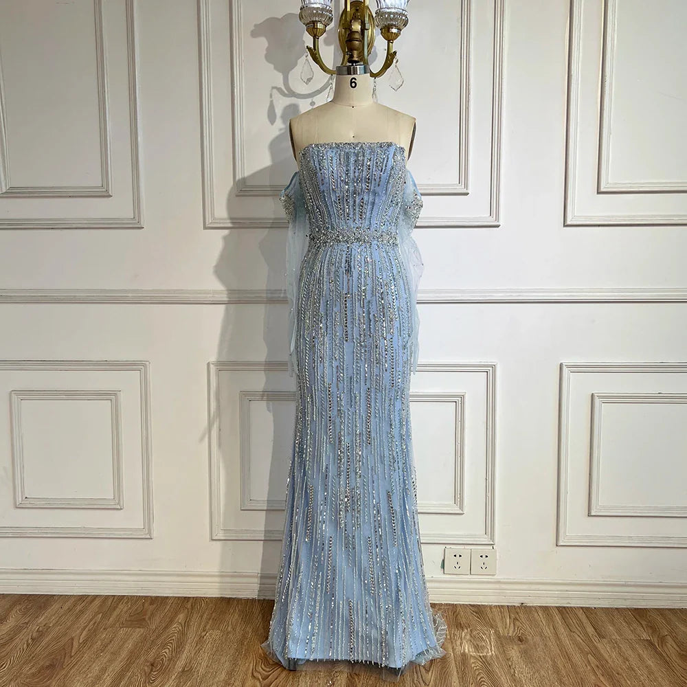 2025 Arabic Blue Mermaid Luxury Evening Gown Strapless With Gloves Beaded Party Dress for Women's Wedding LA71950