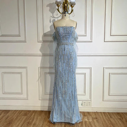 2025 Arabic Blue Mermaid Luxury Evening Gown Strapless With Gloves Beaded Party Dress for Women's Wedding LA71950