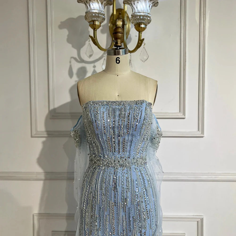 2025 Arabic Blue Mermaid Luxury Evening Gown Strapless With Gloves Beaded Party Dress for Women's Wedding LA71950