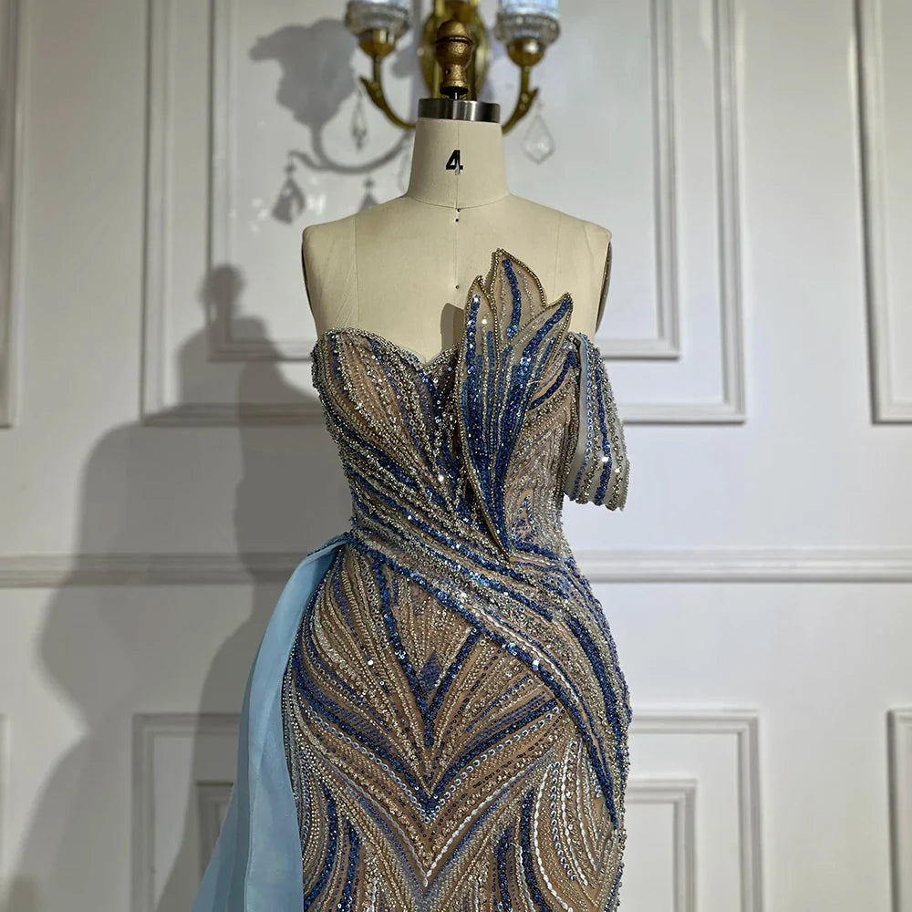 2025 Arabic Blue One Shoulder Luxury Dubai Evening Gown with Side Overskirt Beaded Dress for Women's Party LA72662