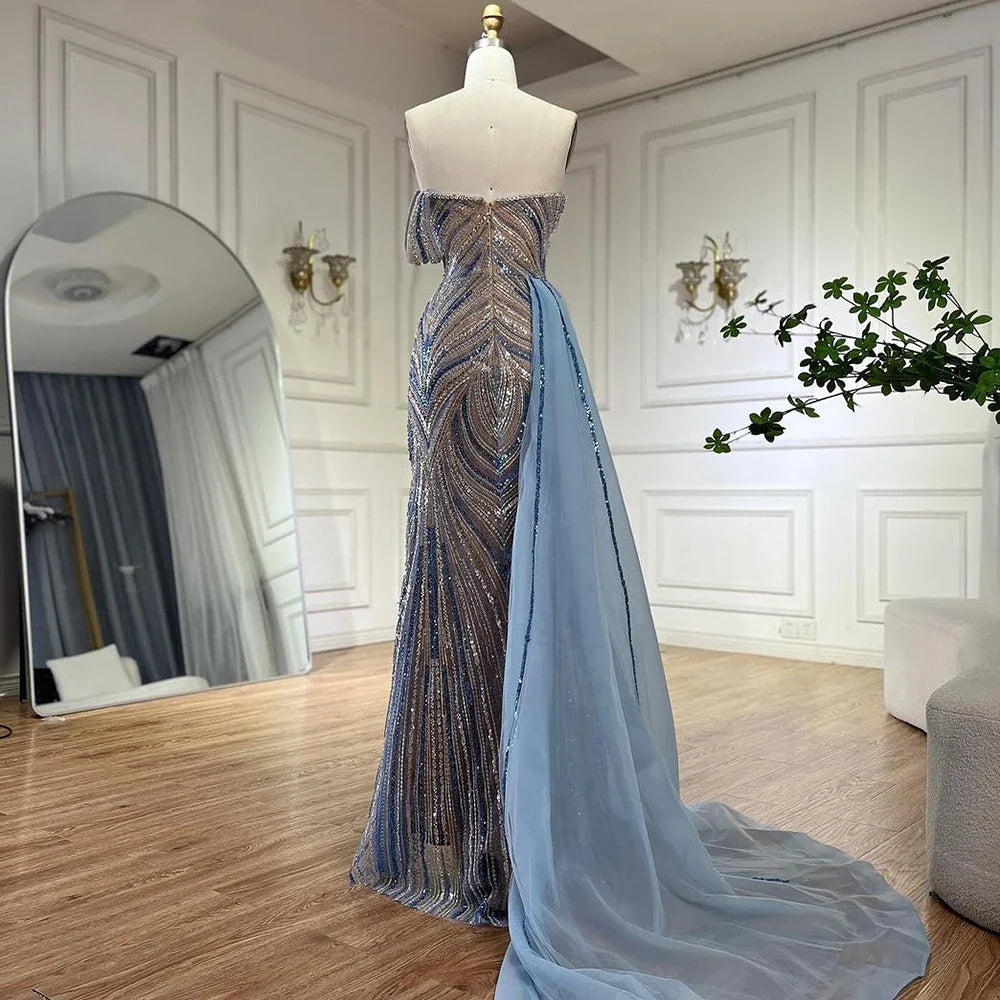 2025 Arabisch Blau One-Shoulder Luxus Dubai Abendkleid mit Seite Überrock Perlen Kleid für Frauen Party LA72662 