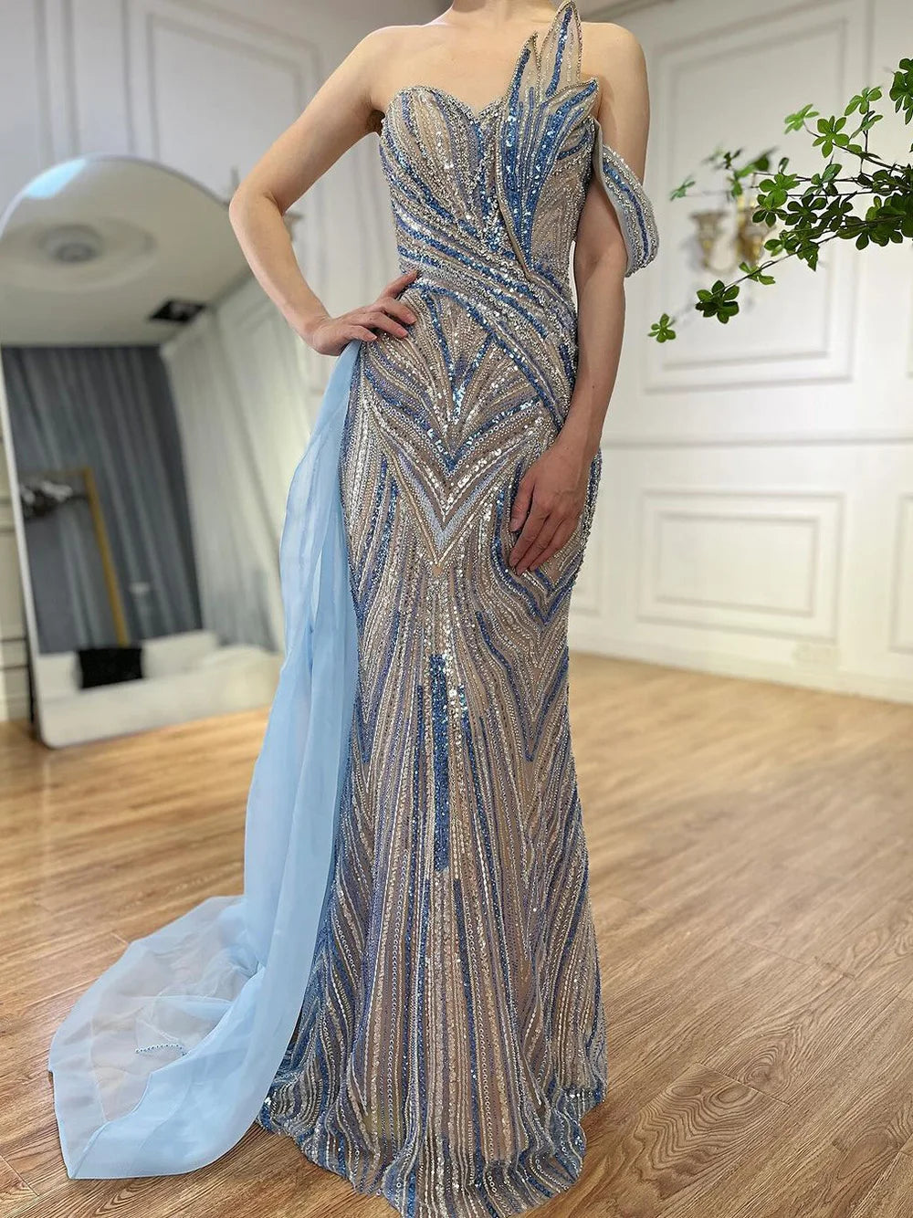 2025 Arabisch Blau One-Shoulder Luxus Dubai Abendkleid mit Seite Überrock Perlen Kleid für Frauen Party LA72662 