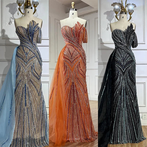 Vestido de noche azul árabe de lujo de Dubái, con un solo hombro y sobrefalda lateral con cuentas, para fiesta, LA72662 