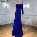 2025 Arabic Blue Satin Mermaid White Evening Gowns Elegant Beaded for Women Wedding Party LA71152