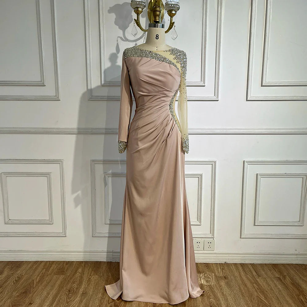 2025 Arabic Blue Satin Mermaid White Evening Gowns Elegant Beaded for Women Wedding Party LA71152