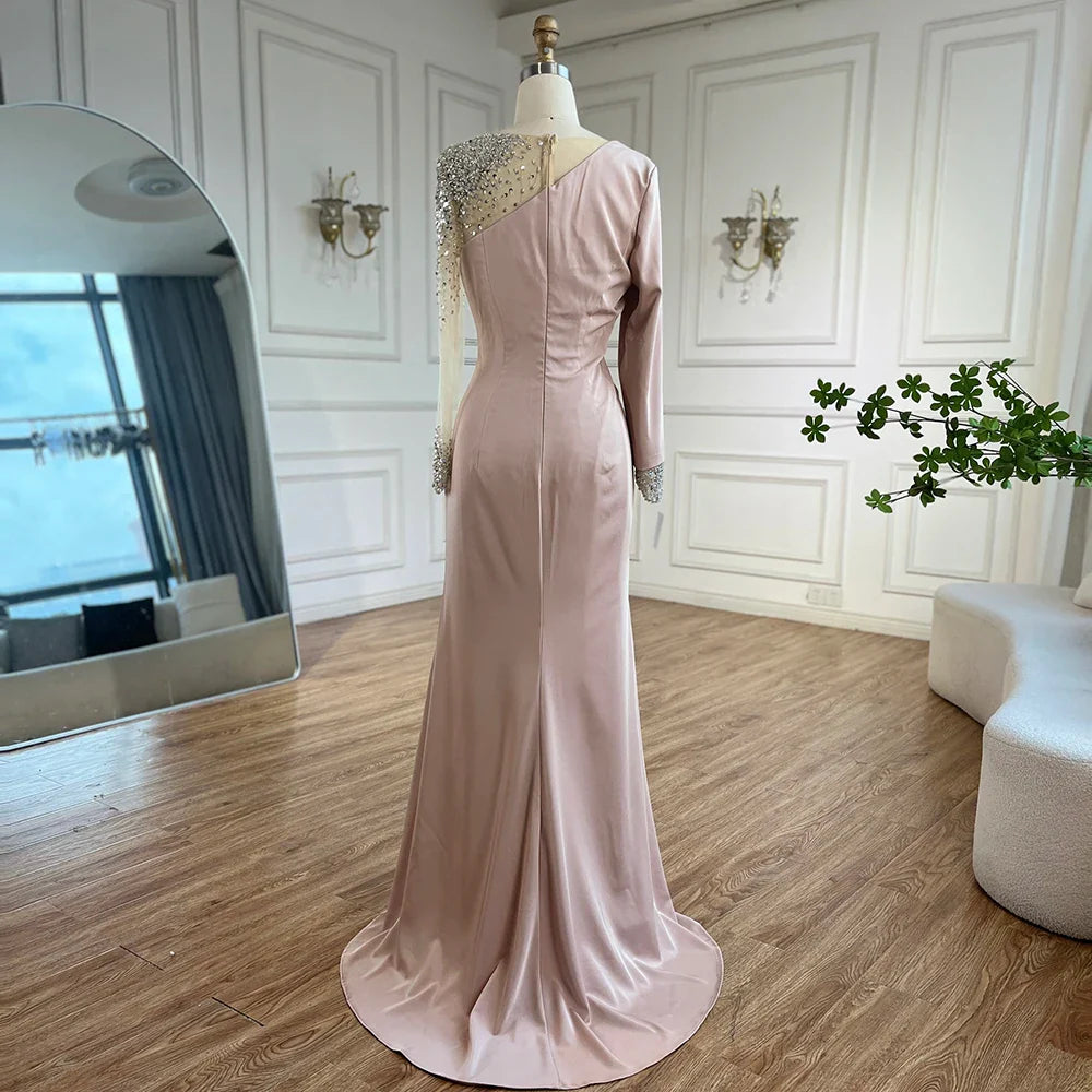 2025 Arabic Blue Satin Mermaid White Evening Gowns Elegant Beaded for Women Wedding Party LA71152