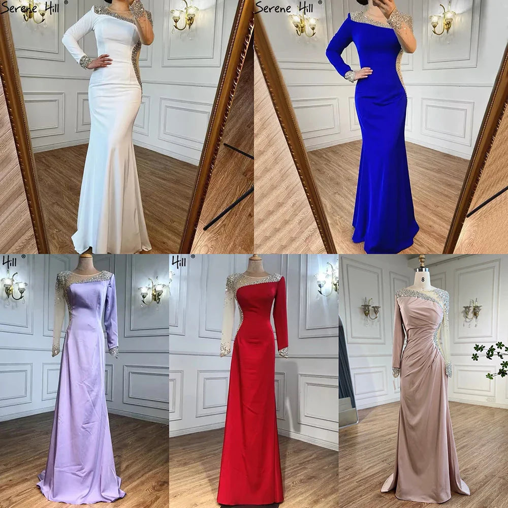 2025 Arabic Blue Satin Mermaid White Evening Gowns Elegant Beaded for Women Wedding Party LA71152