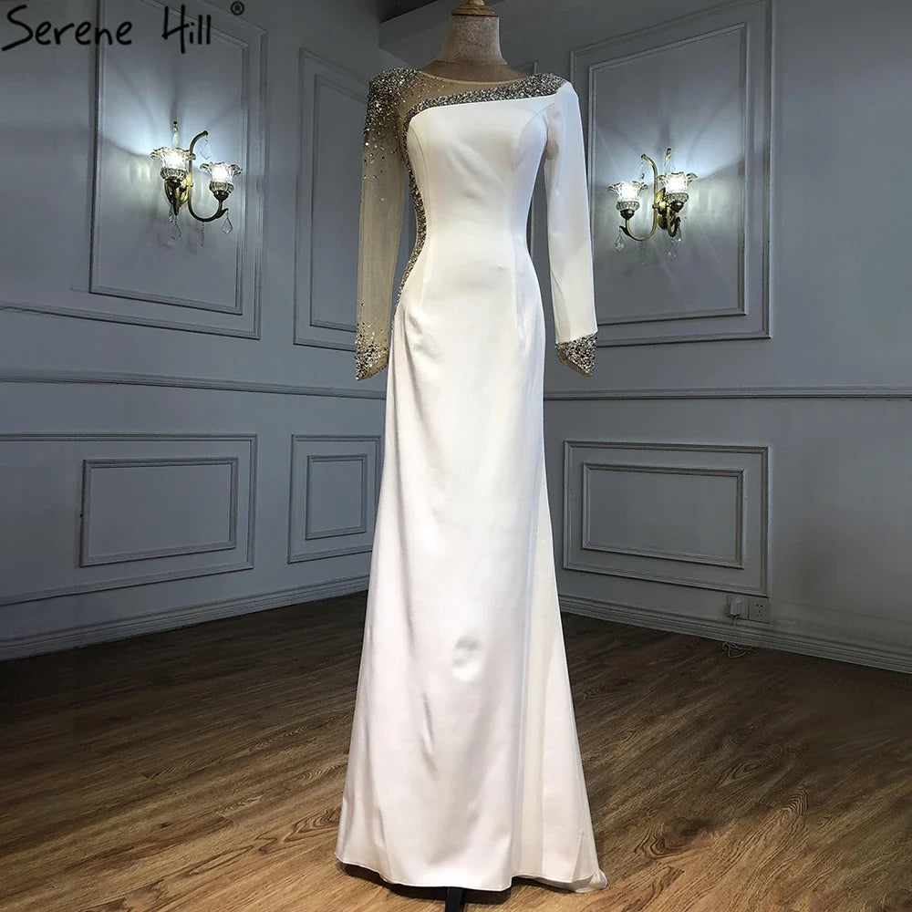 2025 Arabic Blue Satin Mermaid White Evening Gowns Elegant Beaded for Women Wedding Party LA71152