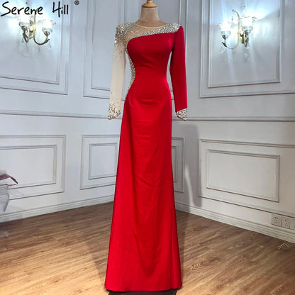 2025 Arabic Blue Satin Mermaid White Evening Gowns Elegant Beaded for Women Wedding Party LA71152