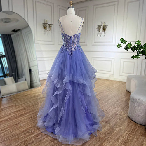 Vestido de noche de lujo azul árabe con tirantes finos, corte A, apliques de encaje escalonados para fiesta de mujer LA72617 