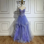 Vestido de noche de lujo azul árabe con tirantes finos, corte A, apliques de encaje escalonados para fiesta de mujer LA72617 