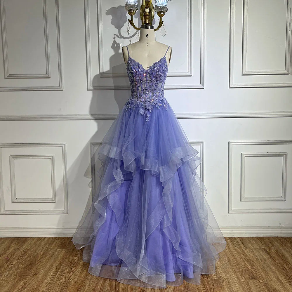 2025 Arabic Blue Spaghetti Strap A-Line Tiered Lace Appliques Luxury Evening Dress for Women's Party LA72617