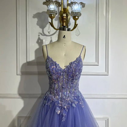 2025 Arabic Blue Spaghetti Strap A-Line Tiered Lace Appliques Luxury Evening Dress for Women's Party LA72617
