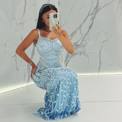 Vestido de noche árabe azul con tirantes finos, corte sirena, de lujo, con cuentas, para ocasiones formales, LA72725 