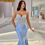 Vestido de noche árabe azul con tirantes finos, corte sirena, de satén, de lujo, con cuentas, para ocasiones formales, LA72729 