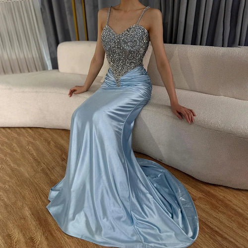 Vestido de noche árabe azul con tirantes finos, corte sirena, de satén, de lujo, con cuentas, para ocasiones formales, LA72729 