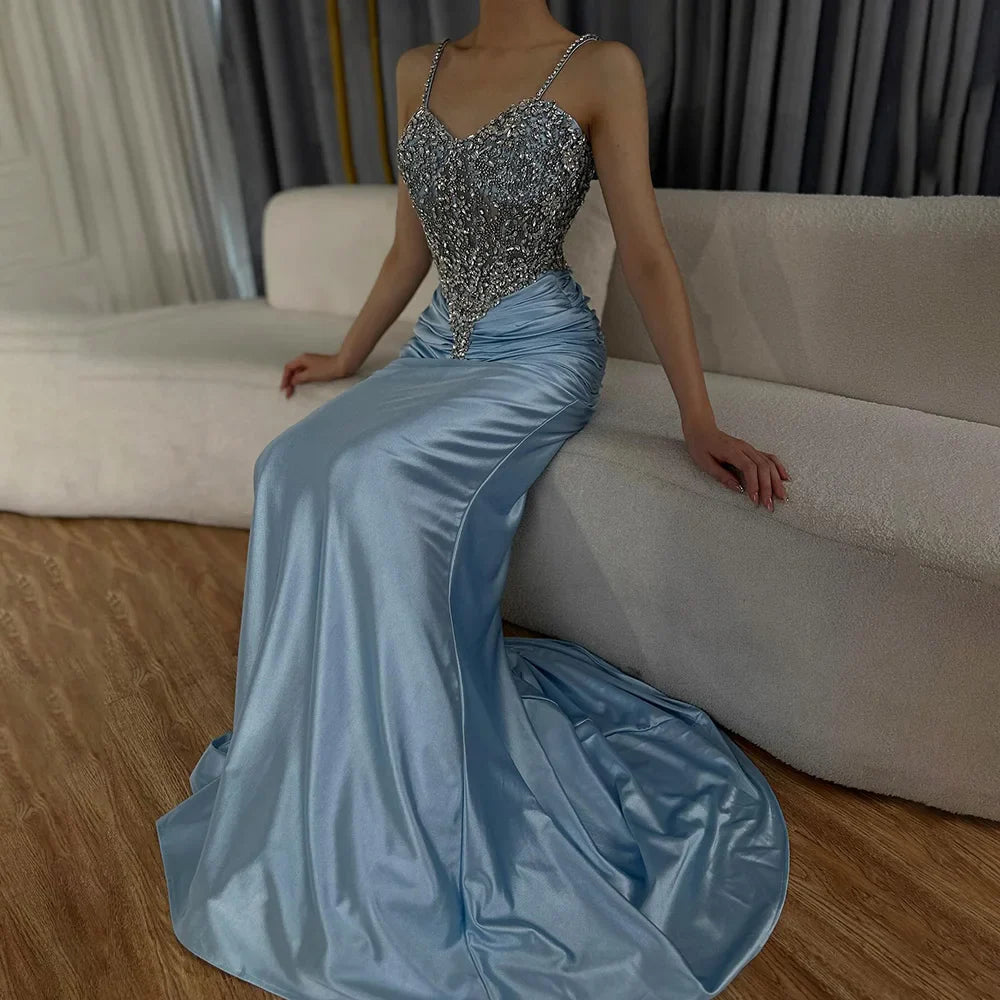2025 Arabic Blue Spaghetti Strap Satin Mermaid Gown Luxury Beaded Saudi Evening Dress for Formal Occasion LA72729