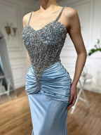 Vestido de noche árabe azul con tirantes finos, corte sirena, de satén, de lujo, con cuentas, para ocasiones formales, LA72729 