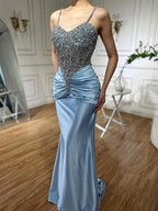 Vestido de noche árabe azul con tirantes finos, corte sirena, de satén, de lujo, con cuentas, para ocasiones formales, LA72729 