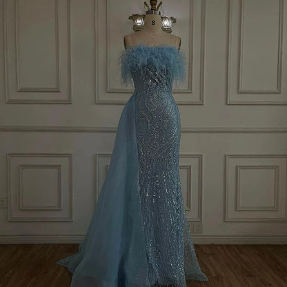 2025 Arabic Blue Strapless Mermaid Evening Gown with Overskirt Feathers Beaded Dress for Women's Party LA72658