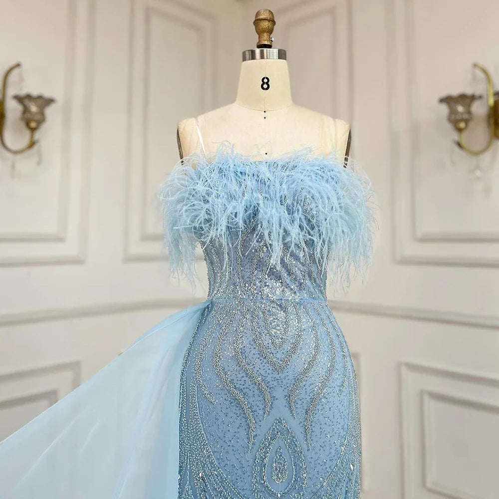 2025 Arabic Blue Strapless Mermaid Evening Gown with Overskirt Feathers Beaded Dress for Women's Party LA72658