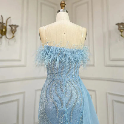 2025 Arabic Blue Strapless Mermaid Evening Gown with Overskirt Feathers Beaded Dress for Women's Party LA72658