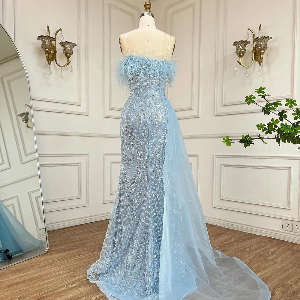 2025 Arabic Blue Strapless Mermaid Evening Gown with Overskirt Feathers Beaded Dress for Women's Party LA72658