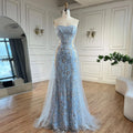 2025 Arabic Blue Strapless Mermaid Luxury Evening Gown with Tulle Overskirt Beaded Dress for Women's Party LA72639