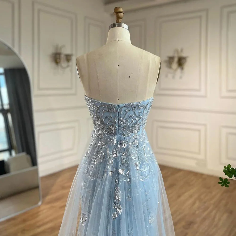 2025 Arabic Blue Strapless Mermaid Luxury Evening Gown with Tulle Overskirt Beaded Dress for Women's Party LA72639
