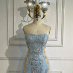 2025 Arabic Blue Strapless Mermaid Luxury Evening Gown with Tulle Overskirt Beaded Dress for Women's Party LA72639