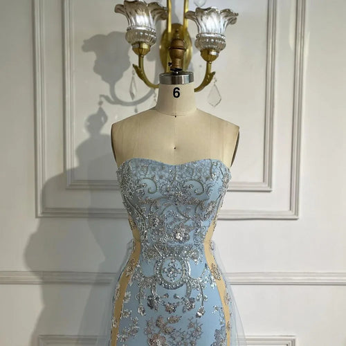 Vestido de noche de lujo estilo sirena, sin tirantes, azul árabe, con sobrefalda de tul y cuentas, para mujer, LA72639 